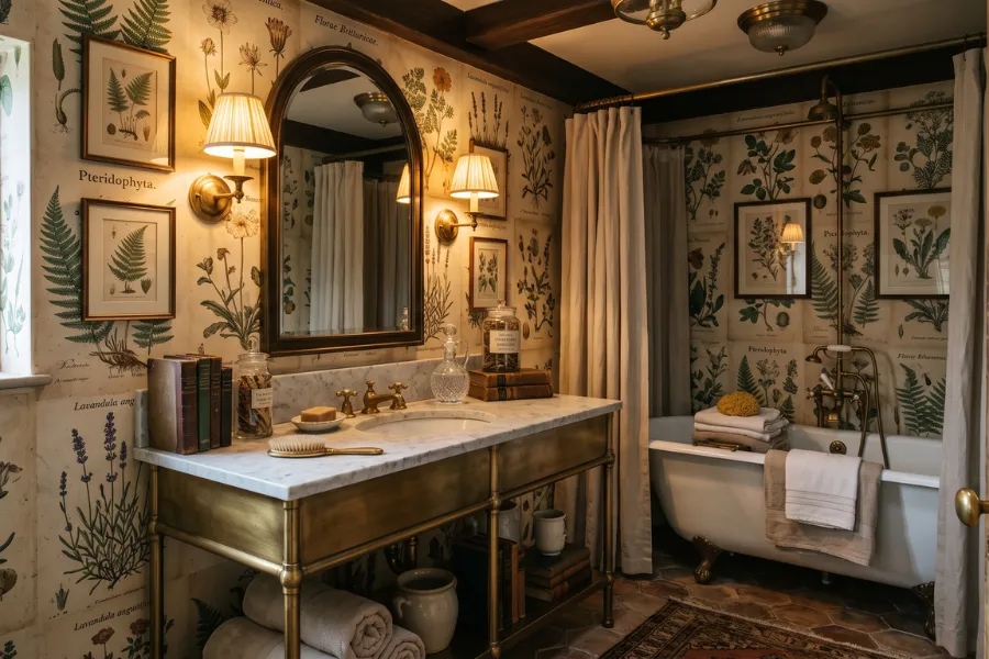 Antique botanical bathroom wallpaper