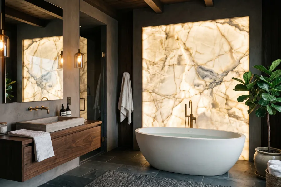 Backlit stone accent wall