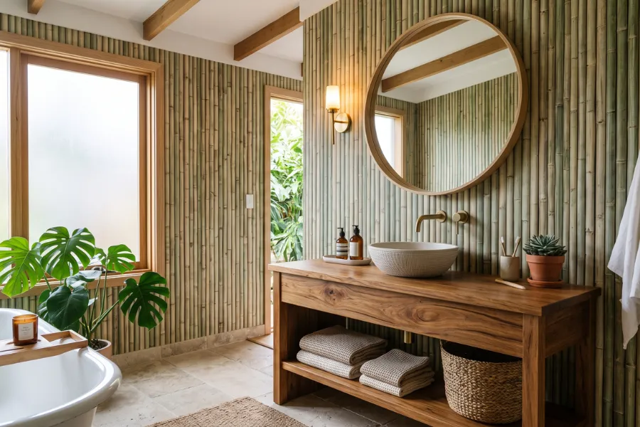 Bamboo print bathroom wallpaper