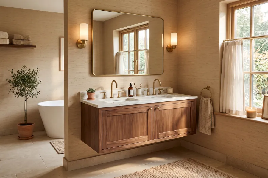 Beige textured bathroom wallpaper