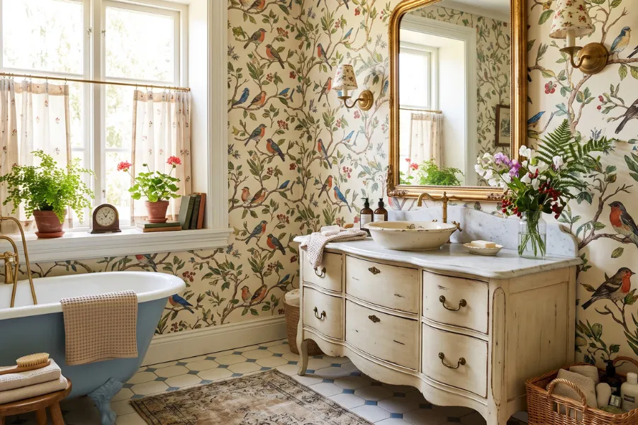 Bird print bathroom wallpaper
