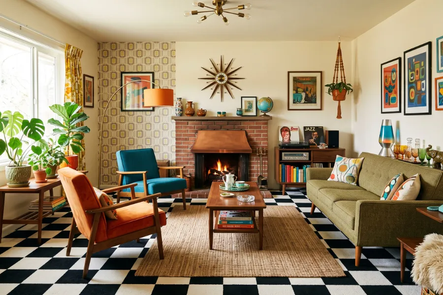 Checkerboard carpet living room