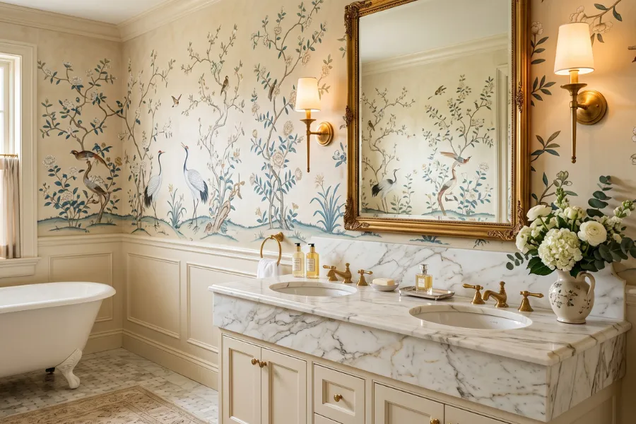 Chinoiserie bathroom wallpaper design