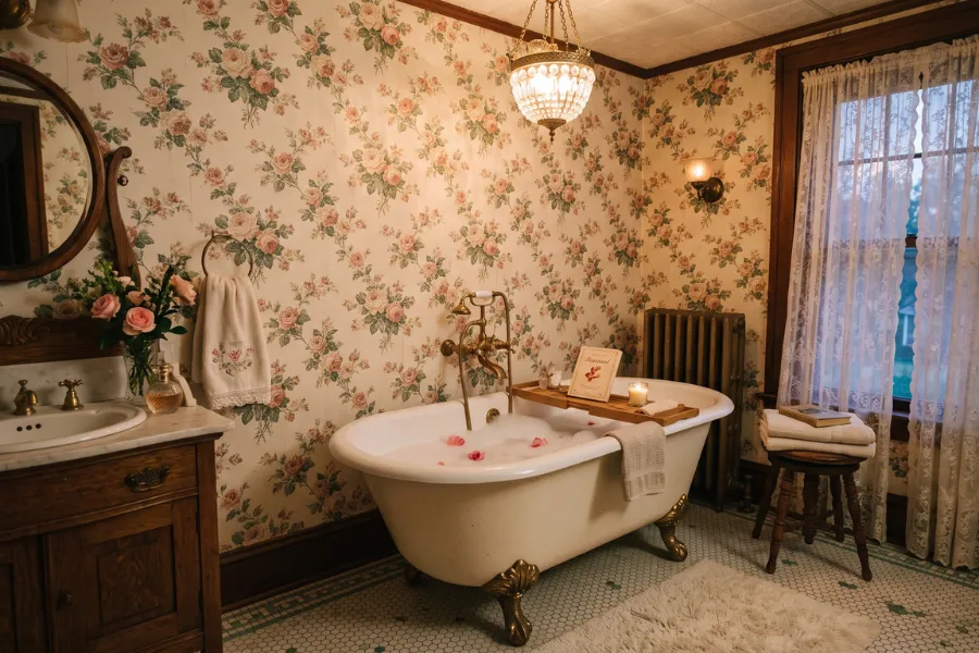 Classic rose bathroom wallpaper