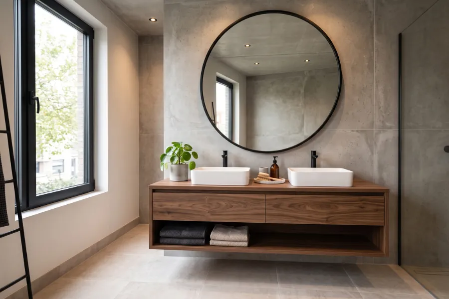 Concrete bathroom accent wall