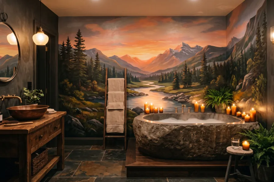 Scenic mural bathroom wallpaper