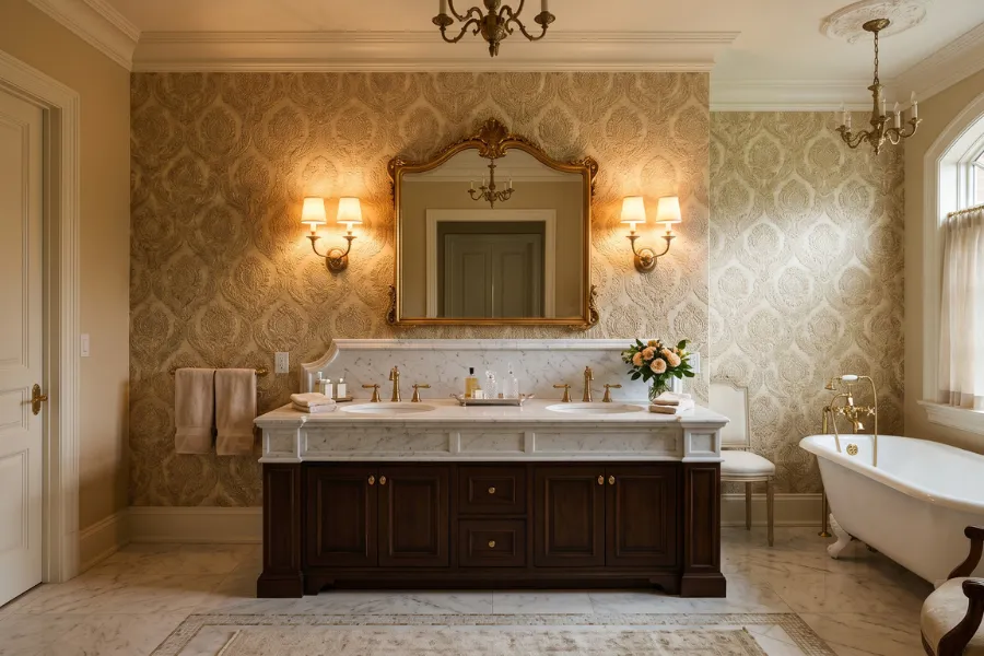 Classic damask bathroom wallpaper