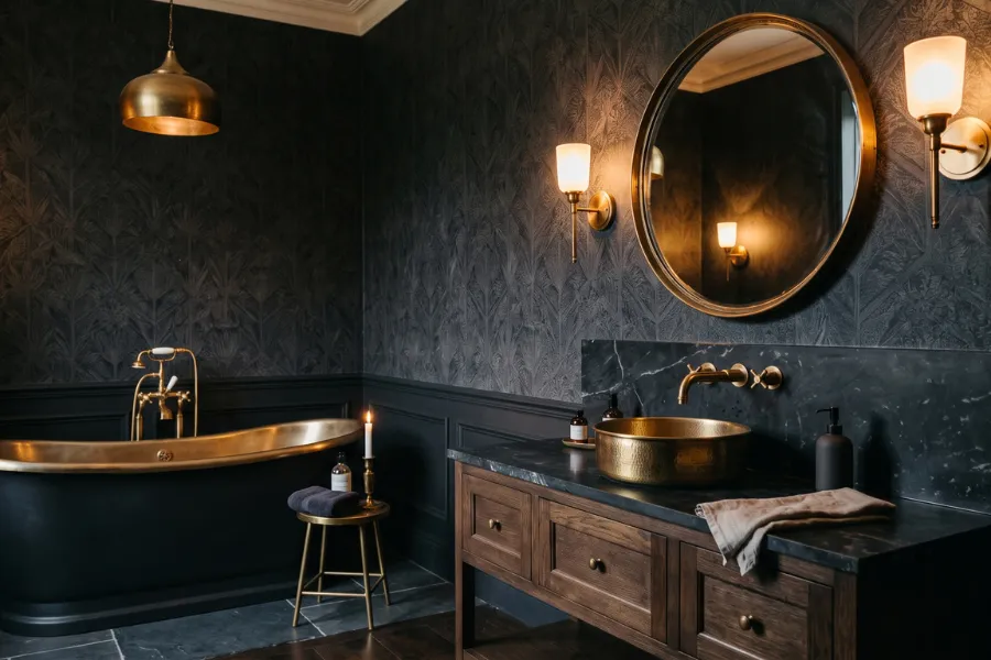 Dark moody bathroom wallpaper