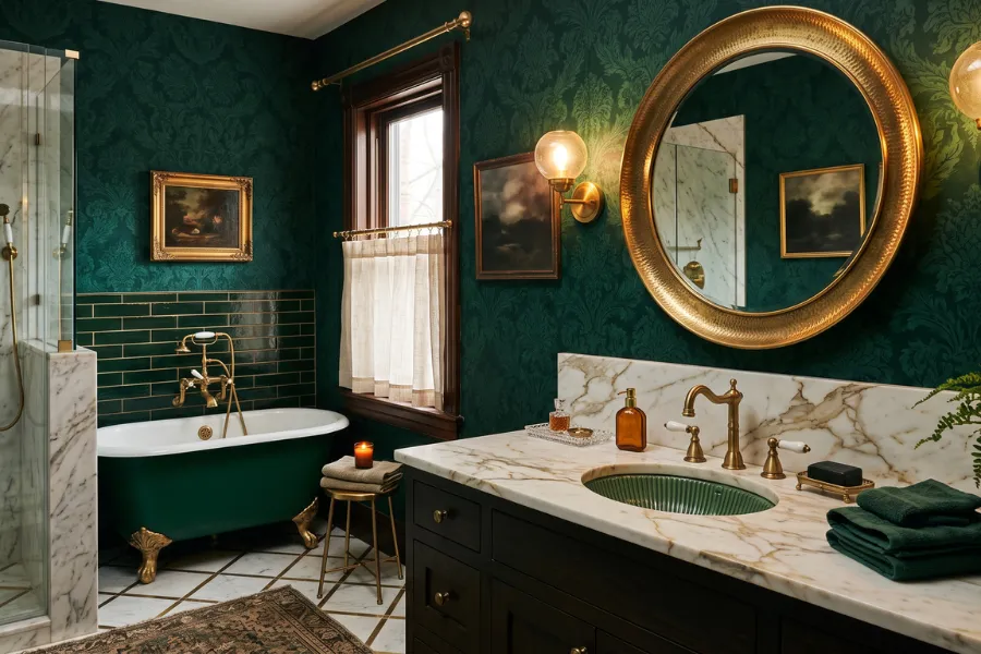 Emerald green bathroom wallpaper