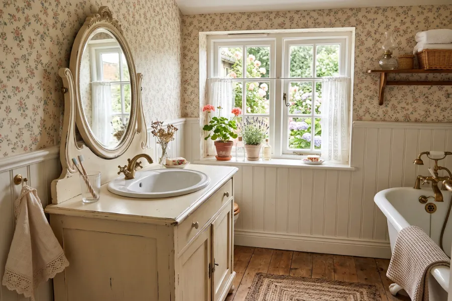 English cottage bathroom wallpaper