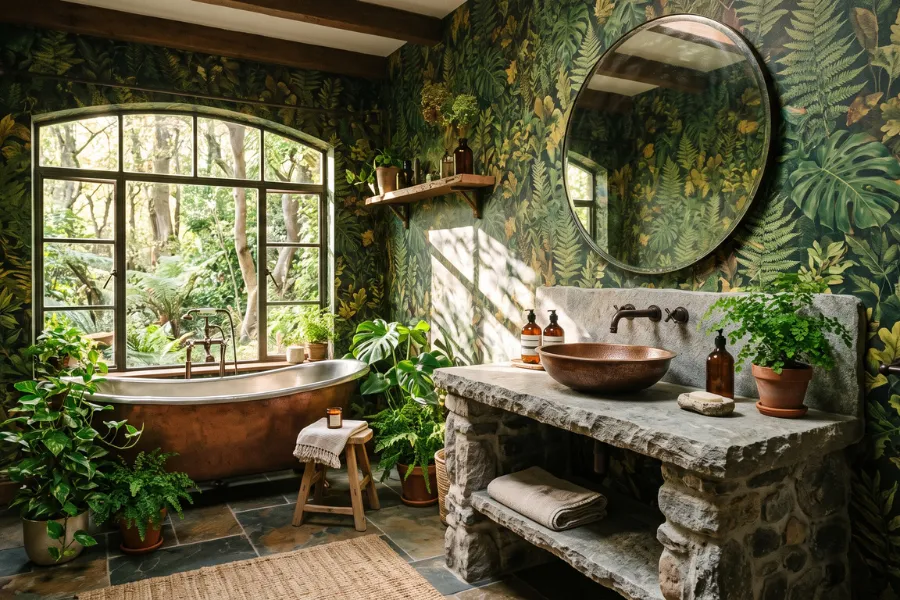 Forest leaf bathroom wallpaper