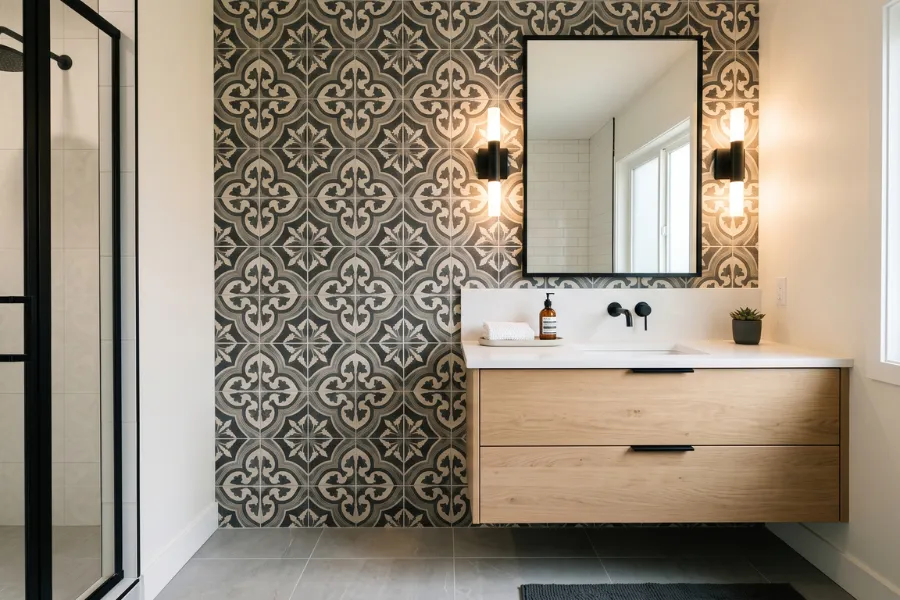 Geometric bathroom accent wall