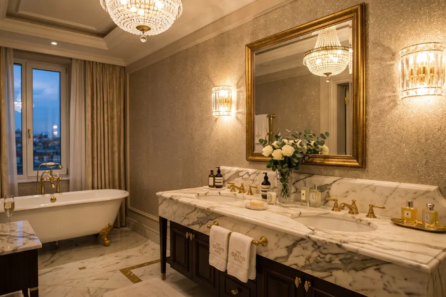 Gold accent bathroom wallpaper