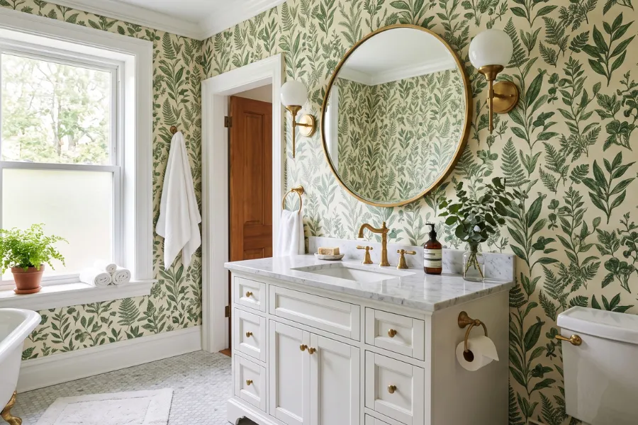 Green botanical bathroom wallpaper