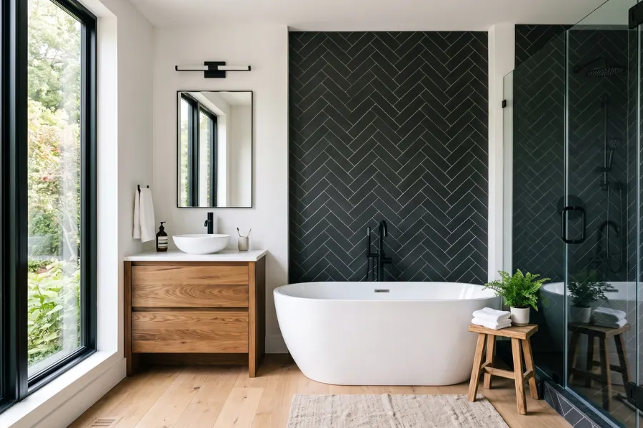 Herringbone tile accent wall