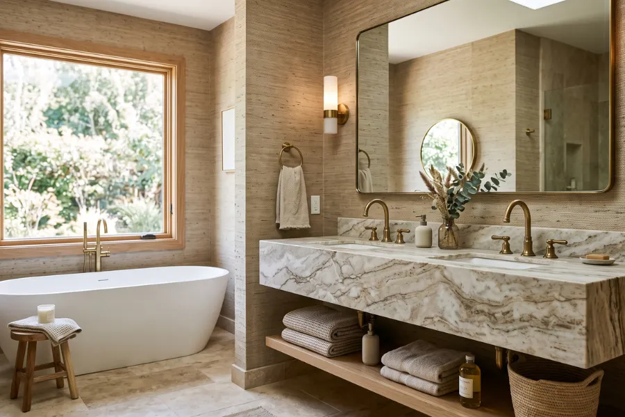 Grasscloth textured bathroom wallpaper