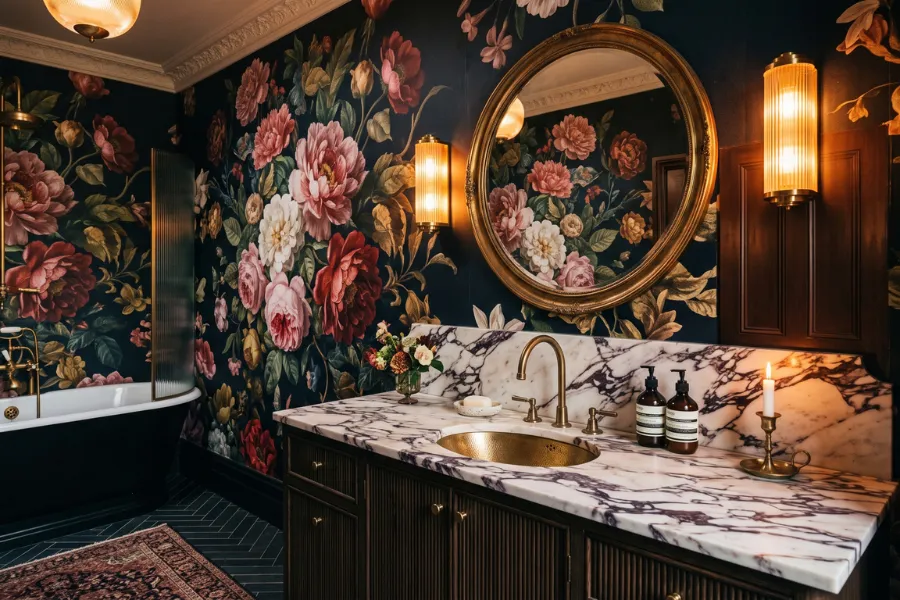 Large floral bathroom wallpaper
