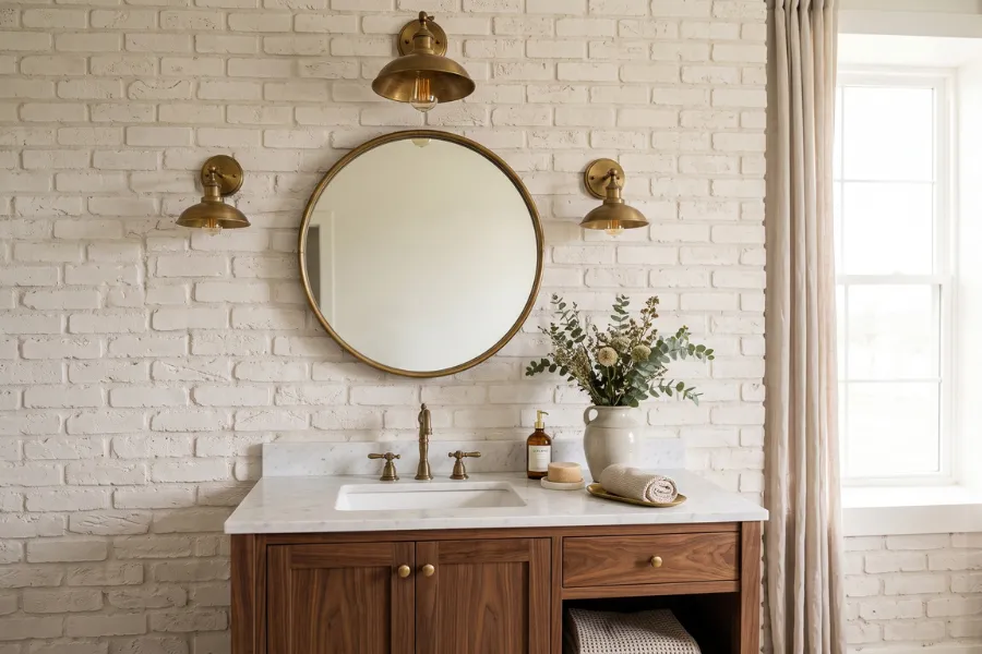 Limewashed brick accent wall