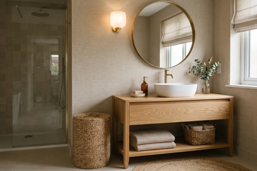 Neutral tone bathroom wallpaper