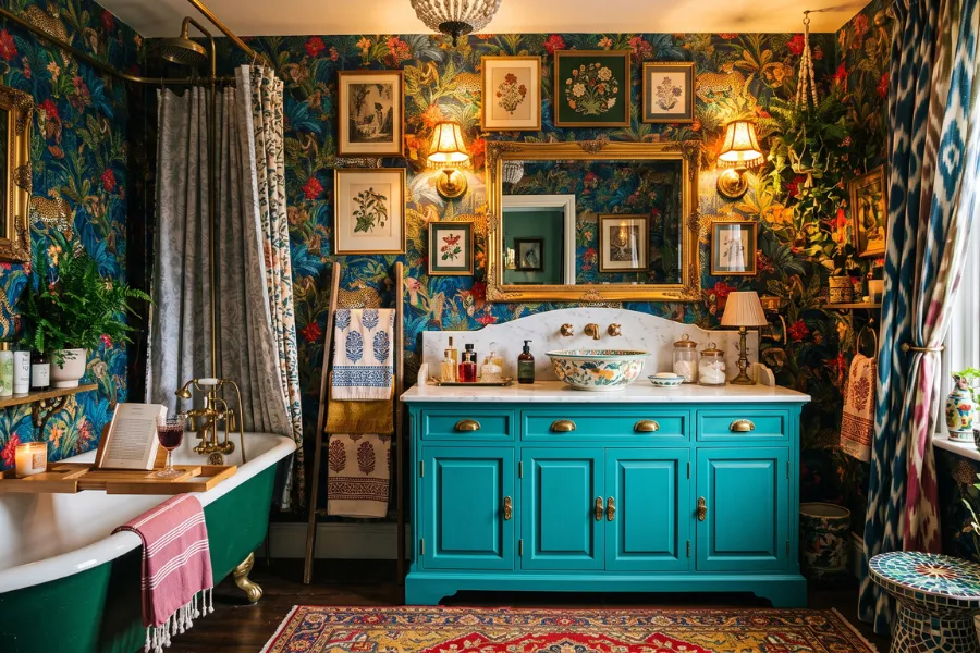 Maximalist pattern bathroom wallpaper