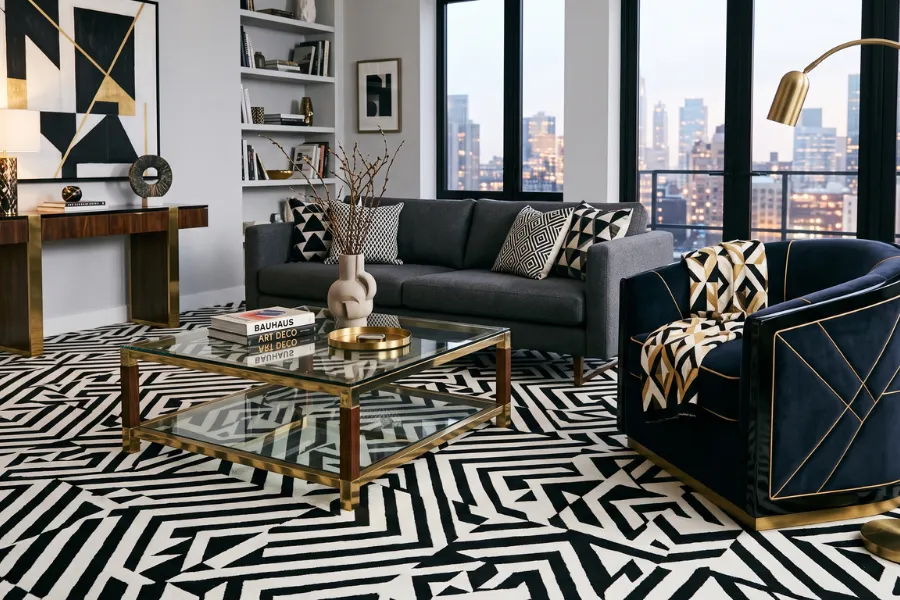 Monochrome geometric living carpet