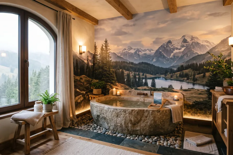 Mountain mural bathroom wallpaper