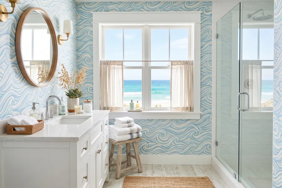 Ocean wave bathroom wallpaper