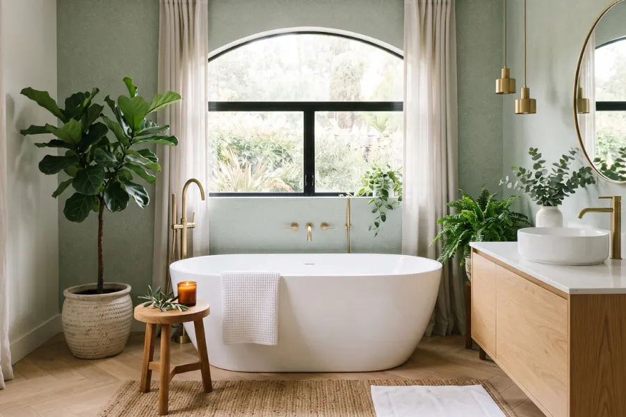 Sage green bathroom wallpaper