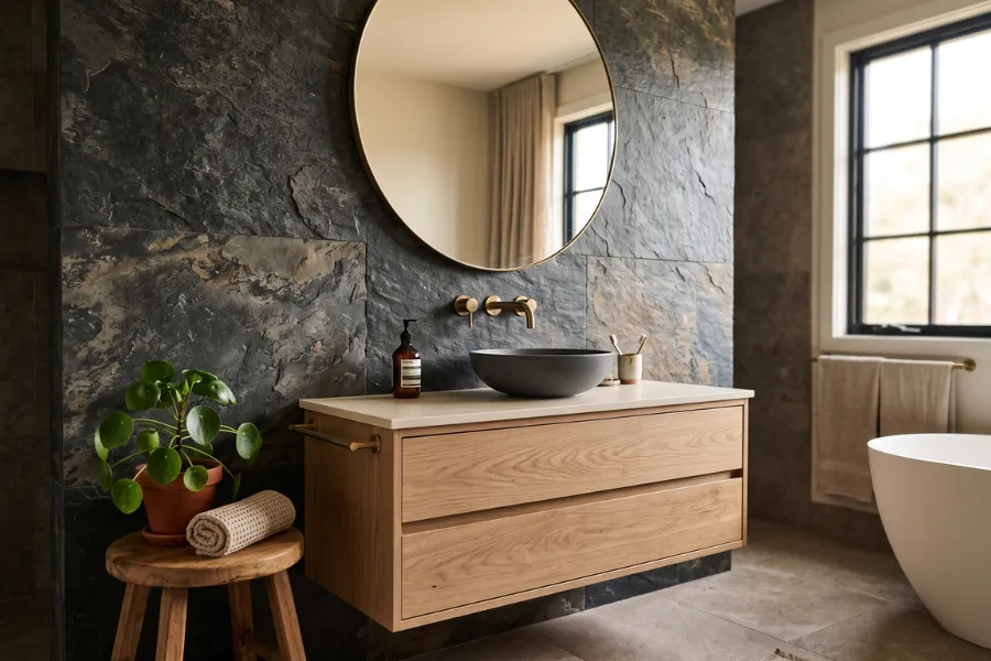 Slate accent bathroom wall