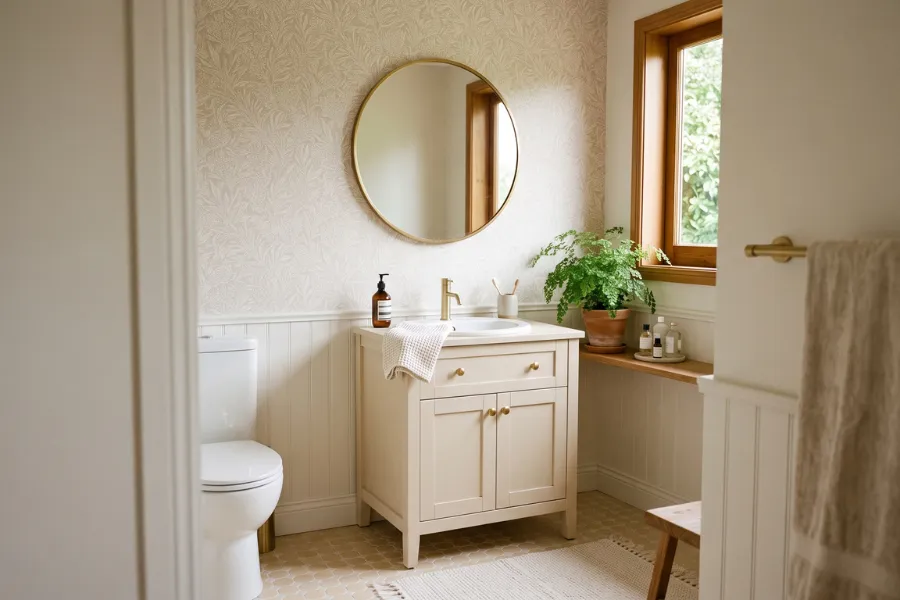 Soft neutral bathroom wallpaper