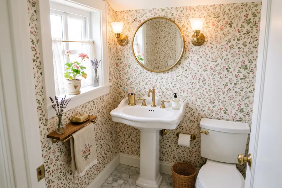 Tiny floral bathroom wallpaper