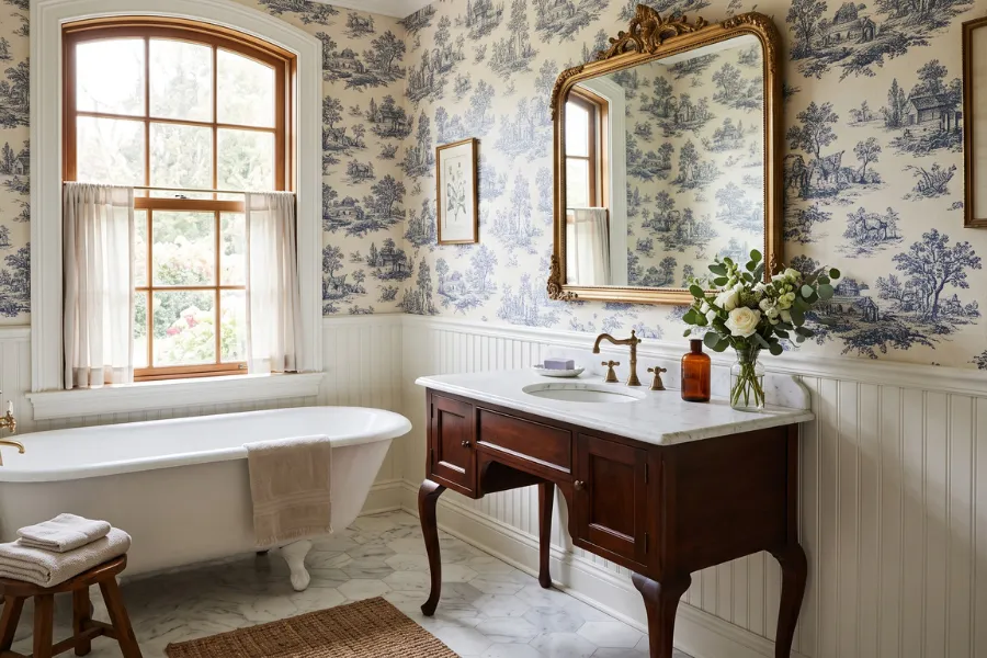 Traditional toile bathroom wallpaper