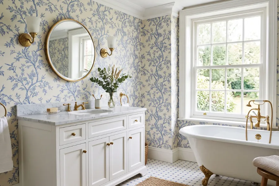 Blue willow bathroom wallpaper