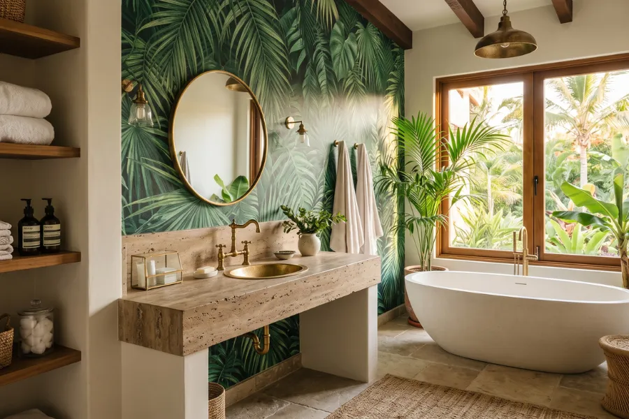 Tropical palm bathroom wallpaper