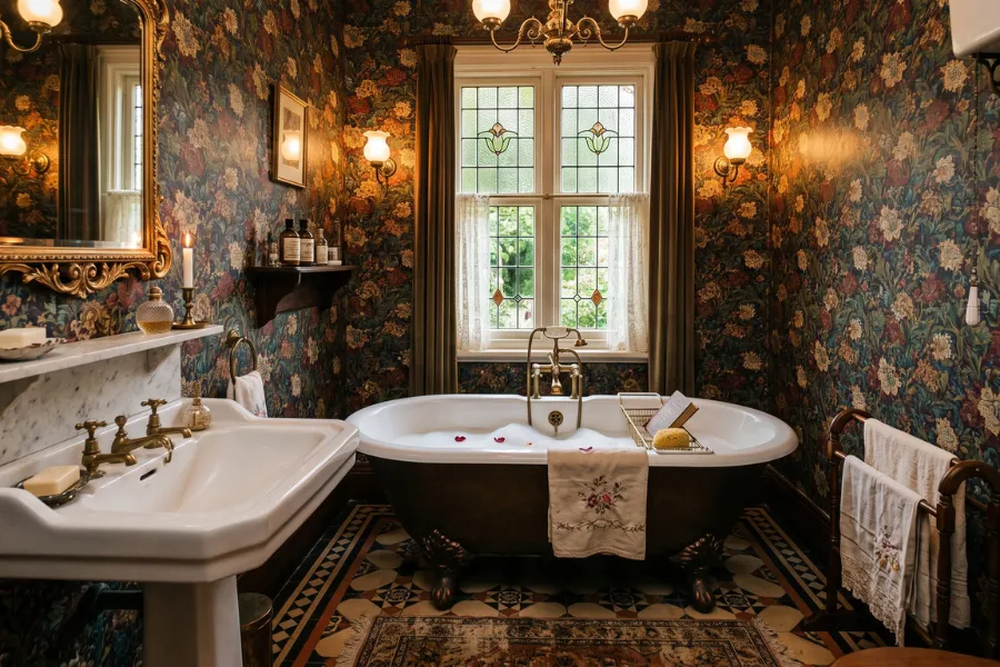 Victorian floral bathroom wallpaper