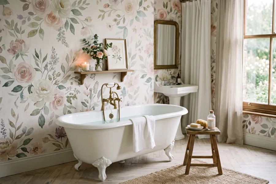 Watercolor nature bathroom wallpaper