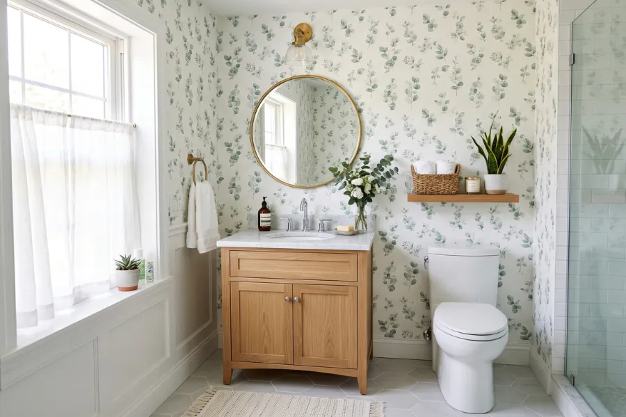 White botanical bathroom wallpaper