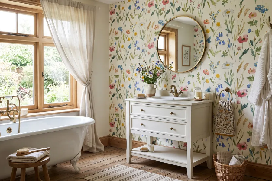Wildflower print bathroom wallpaper
