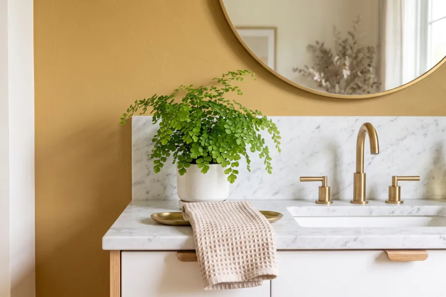 Yellow bathroom accent wall