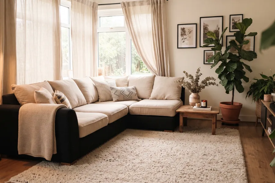 black sofa beige decor