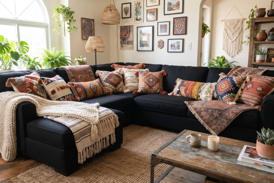 black sofa boho decor