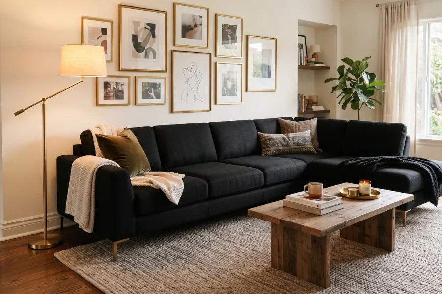 black sofa brass details