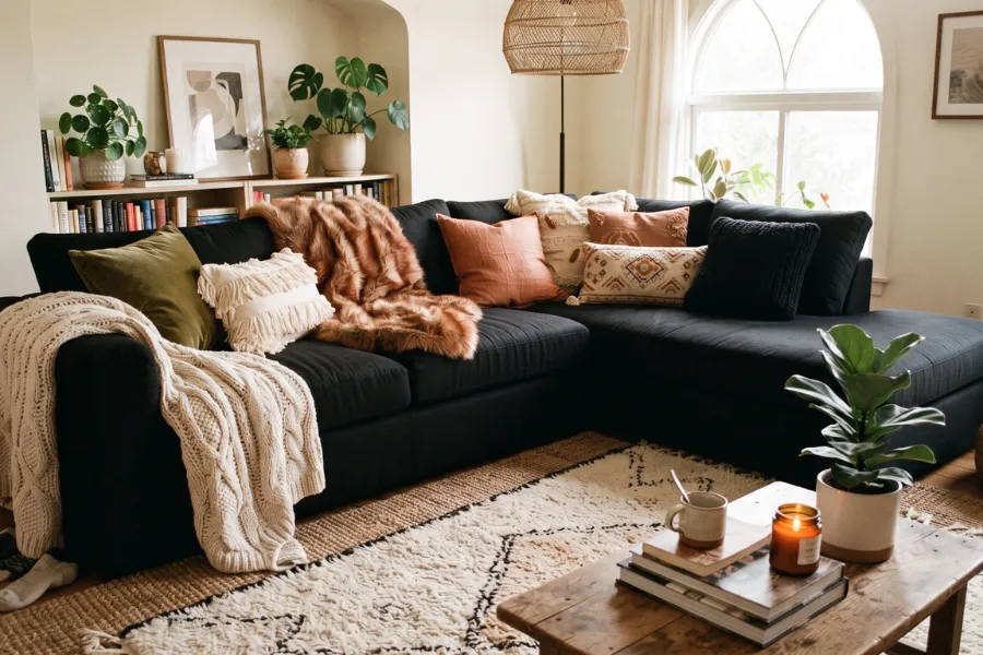 black sofa cozy aesthetic