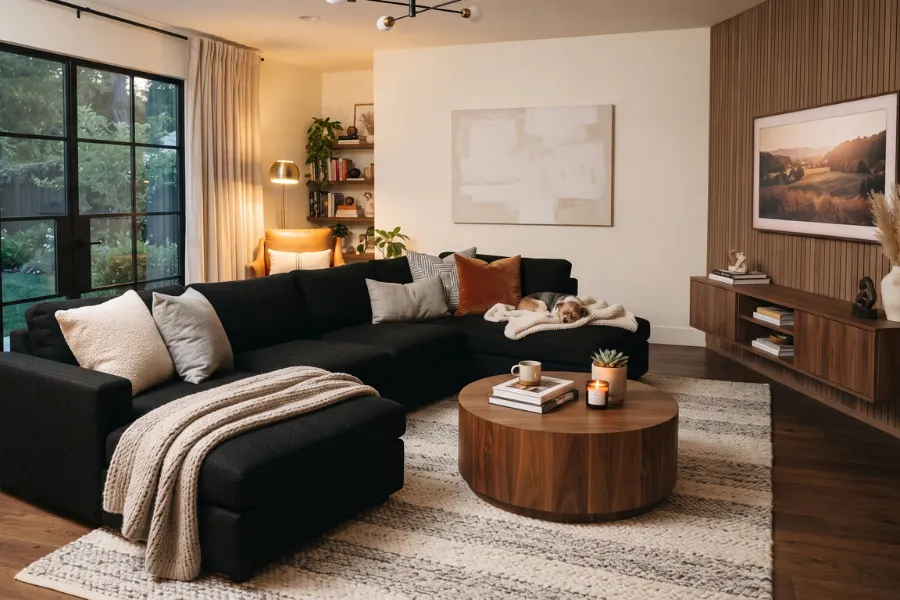 black sofa cozy modern