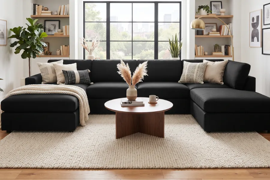 black sofa cream rug