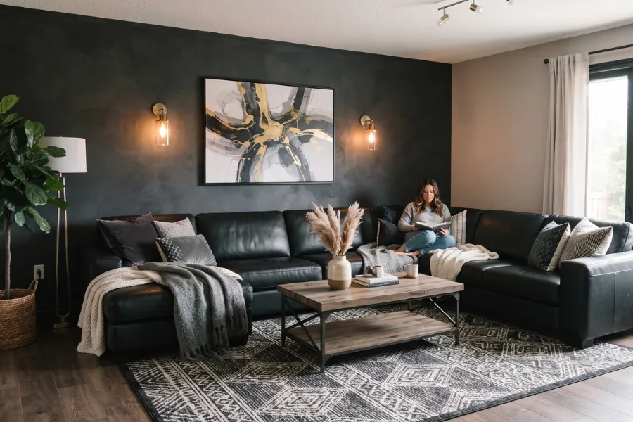 black sofa accent wall