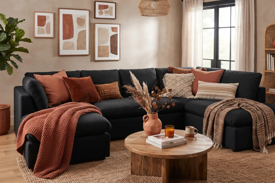 black sofa earthy tones