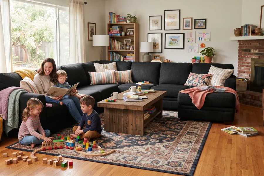 black sofa family room