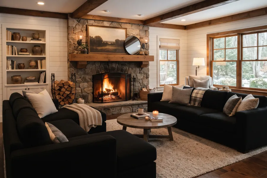 black sofa fireplace
