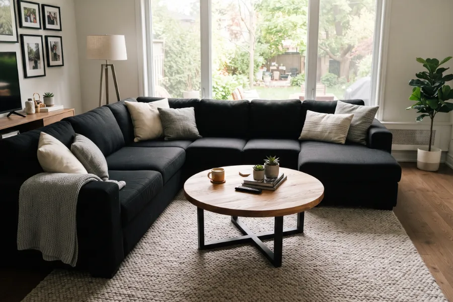 black sofa round table